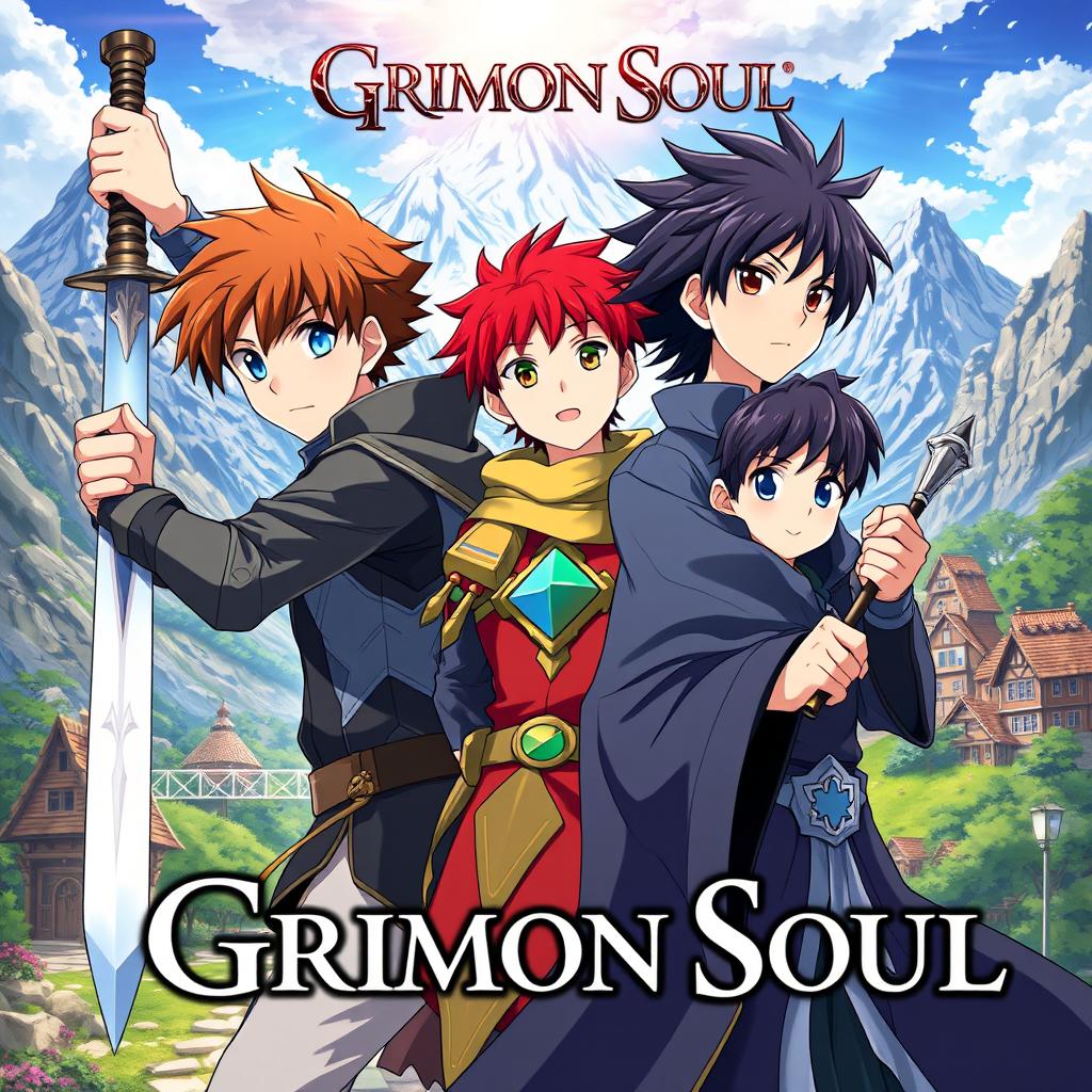 An anime cover titled "Grimon Soul" showcasing three 16-year-old boys in a captivating fantasy realm