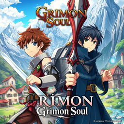 An anime cover titled "Grimon Soul" showcasing three 16-year-old boys in a captivating fantasy realm