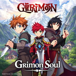 An anime cover titled "Grimon Soul" showcasing three 16-year-old boys in a captivating fantasy realm