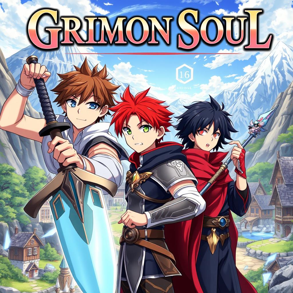 An anime cover titled "Grimon Soul" showcasing three 16-year-old boys in a captivating fantasy realm