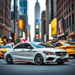 A sleek Mercedes-Benz CLA AMG, outfitted with a stylish body kit that enhances its sporty aesthetics, is showcased in a vibrant New York City setting