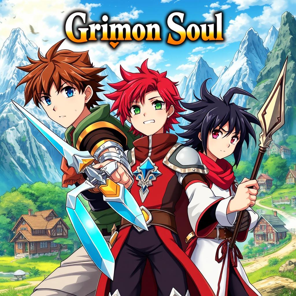 An anime cover titled "Grimon Soul" featuring three 16-year-old boys in a fantastical setting