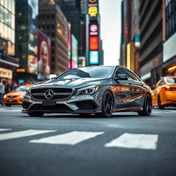 A sleek Mercedes-Benz CLA AMG, outfitted with a stylish body kit that enhances its sporty aesthetics, is showcased in a vibrant New York City setting