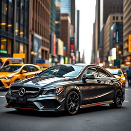 A sleek Mercedes-Benz CLA AMG, outfitted with a stylish body kit that enhances its sporty aesthetics, is showcased in a vibrant New York City setting