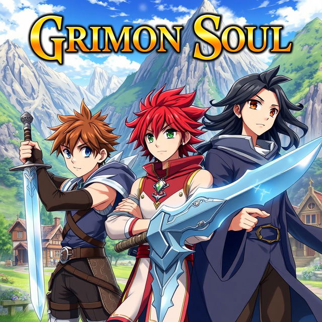 An anime cover titled "Grimon Soul" featuring three 16-year-old boys in a fantastical setting