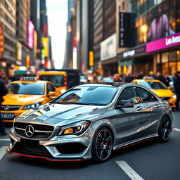 A sleek Mercedes-Benz CLA AMG, outfitted with a stylish body kit that enhances its sporty aesthetics, is showcased in a vibrant New York City setting