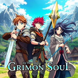 An anime cover titled "Grimon Soul" featuring three 16-year-old boys in a fantastical setting