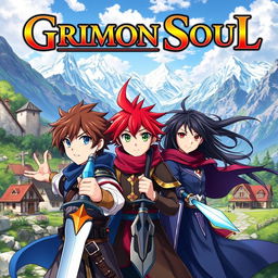 An anime cover titled "Grimon Soul" featuring three 16-year-old boys in a fantastical setting