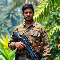 A Sri Lankan soldier standing confidently in a lush, tropical landscape, equipped with modern weaponry