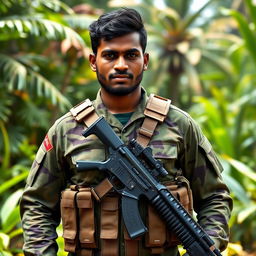 A Sri Lankan soldier standing confidently in a lush, tropical landscape, equipped with modern weaponry