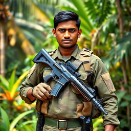 A Sri Lankan soldier standing confidently in a lush, tropical landscape, equipped with modern weaponry