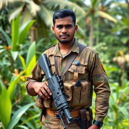 A Sri Lankan soldier standing confidently in a lush, tropical landscape, equipped with modern weaponry