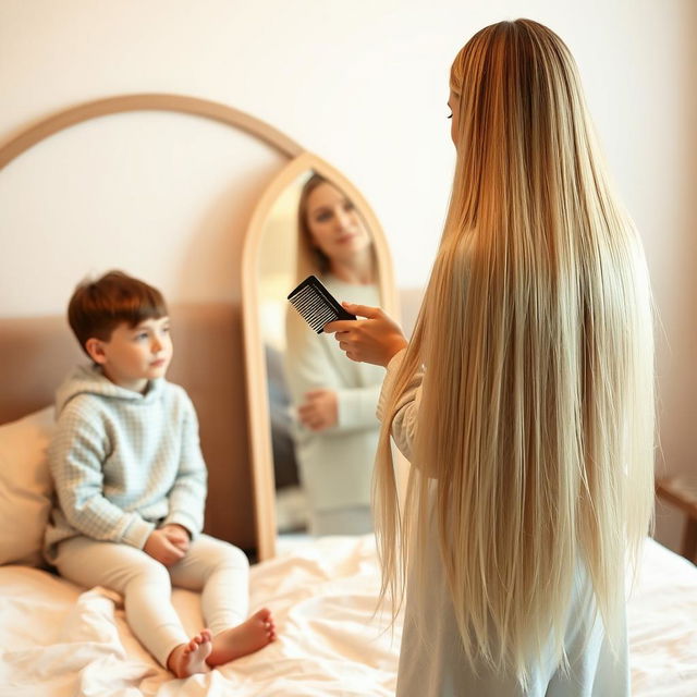 A scene featuring a 40-year-old mother standing in front of a mirror, elegantly brushing her very long, smooth, and flowing hair with a comb in her right hand