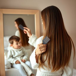 A scene featuring a 40-year-old mother standing in front of a mirror, elegantly brushing her very long, smooth, and flowing hair with a comb in her right hand