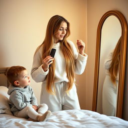 A scene featuring a 40-year-old mother standing in front of a mirror, elegantly brushing her very long, smooth, and flowing hair with a comb in her right hand