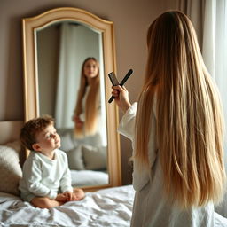 A scene featuring a 40-year-old mother standing in front of a mirror, elegantly brushing her very long, smooth, and flowing hair with a comb in her right hand