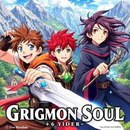 An anime cover titled "Grimon Soul" featuring three 16-year-old boys in a vibrant fantasy setting