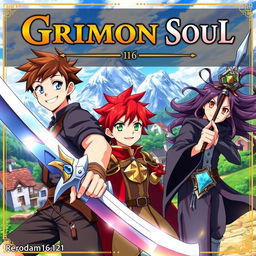 An anime cover titled "Grimon Soul" featuring three 16-year-old boys in a vibrant fantasy setting