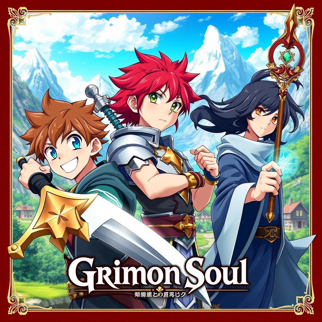 An anime cover titled "Grimon Soul" featuring three 16-year-old boys in a vibrant fantasy setting