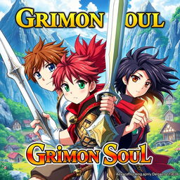 An anime cover titled "Grimon Soul" featuring three 16-year-old boys in a vibrant fantasy setting