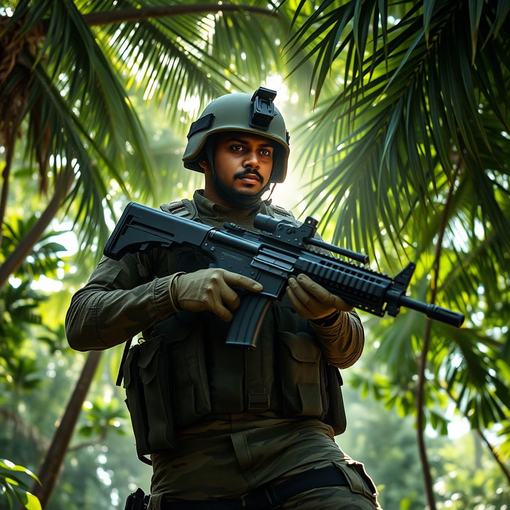A Sri Lankan soldier in action, showcasing an elite navy seal-like pose with a combat-ready stance