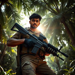 A Sri Lankan soldier in action, showcasing an elite navy seal-like pose with a combat-ready stance