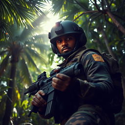 A Sri Lankan soldier in action, showcasing an elite navy seal-like pose with a combat-ready stance