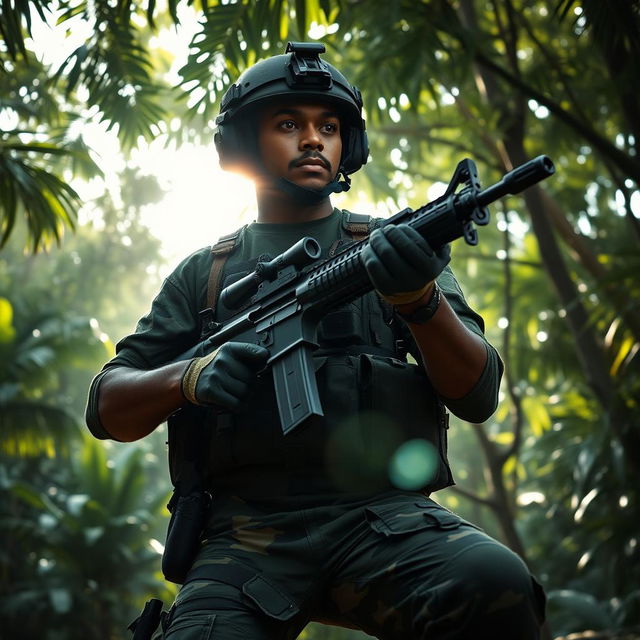 A Sri Lankan soldier in action, showcasing an elite navy seal-like pose with a combat-ready stance