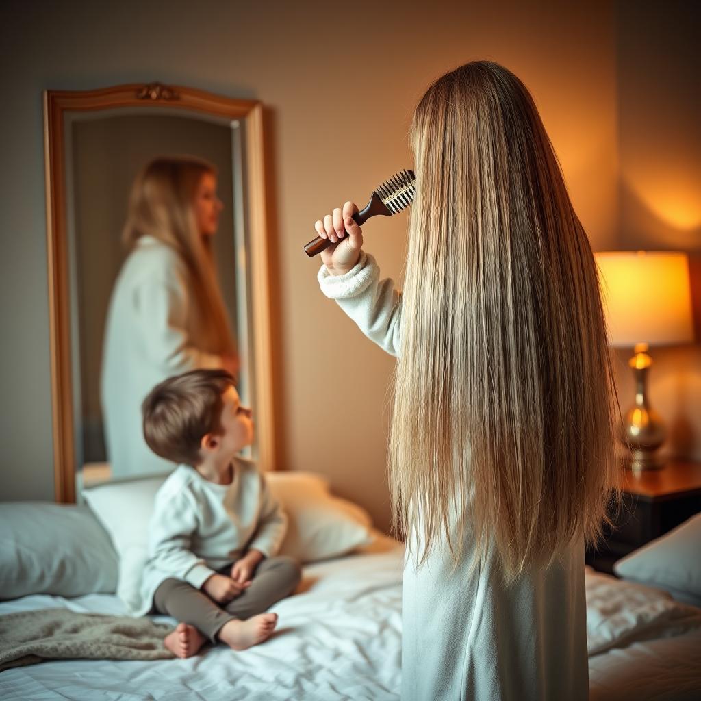 A scene featuring a 40-year-old mother standing in front of a mirror, elegantly brushing her very long, smooth, and flowing hair with a brush in her right hand