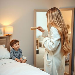 A scene featuring a 40-year-old mother standing in front of a mirror, elegantly brushing her very long, smooth, and flowing hair with a brush in her right hand