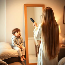 A scene featuring a 40-year-old mother standing in front of a mirror, elegantly brushing her very long, smooth, and flowing hair with a brush in her right hand