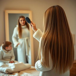 A scene featuring a 40-year-old mother standing in front of a mirror, elegantly brushing her very long, smooth, and flowing hair with a brush in her right hand