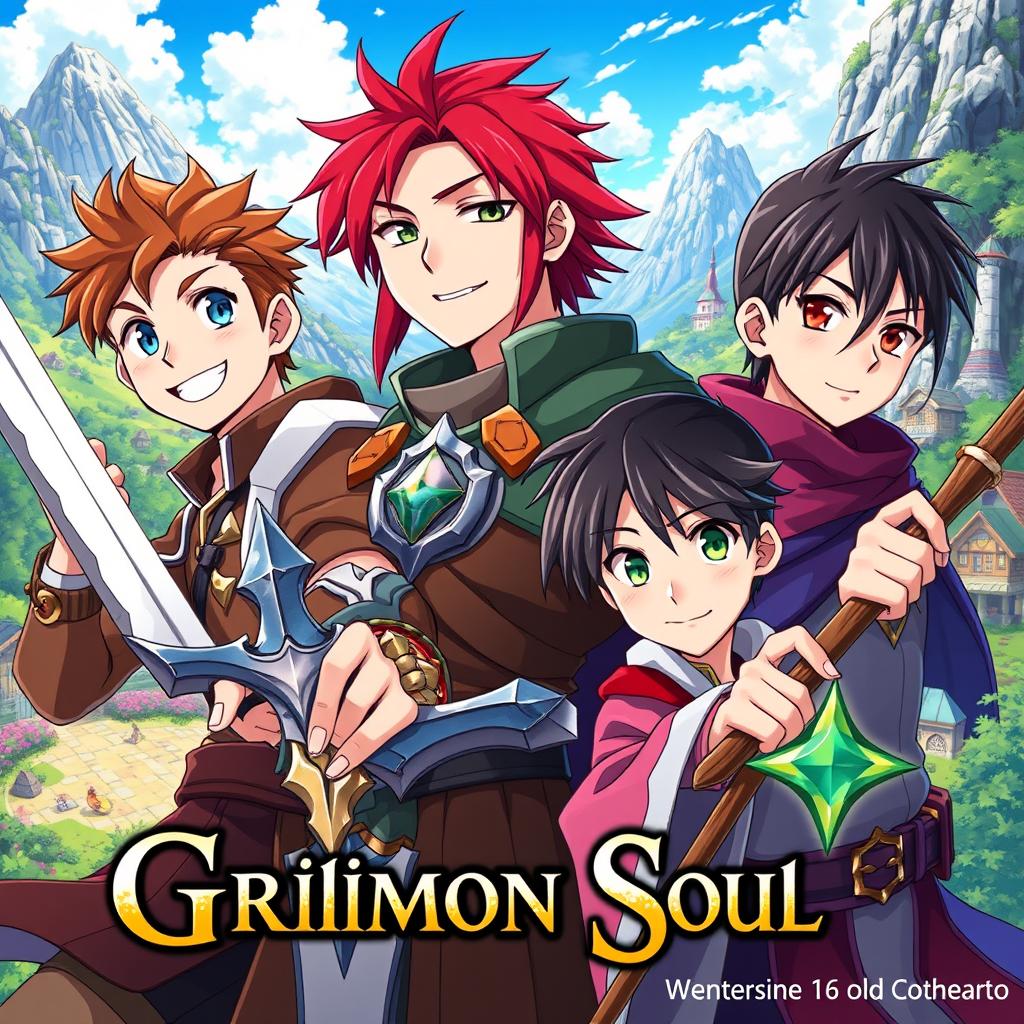 An anime cover titled "Grimon Soul" featuring three 16-year-old boys in a vibrant fantasy setting