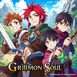 An anime cover titled "Grimon Soul" featuring three 16-year-old boys in a vibrant fantasy setting