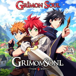 An anime cover titled "Grimon Soul" featuring three 16-year-old boys in a vibrant fantasy setting