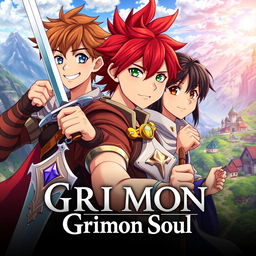 An anime cover titled "Grimon Soul" featuring three 16-year-old boys in a vibrant fantasy setting