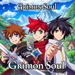 An anime cover titled "Grimon Soul" featuring three 16-year-old boys in a vibrant fantasy setting