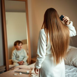 A scene featuring a 40-year-old mother standing in front of a mirror, gracefully brushing her very long, smooth, and flowing hair with a brush in her right hand