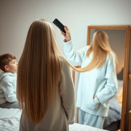 A scene featuring a 40-year-old mother standing in front of a mirror, gracefully brushing her very long, smooth, and flowing hair with a brush in her right hand