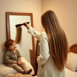 A scene featuring a 40-year-old mother standing in front of a mirror, gracefully brushing her very long, smooth, and flowing hair with a brush in her right hand