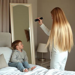 A scene featuring a 40-year-old mother standing in front of a mirror, gracefully brushing her very long, smooth, and flowing hair with a brush in her right hand