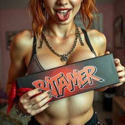 A close-up torso shot of a gorgeous female redhead with striking features, wearing a stylish tank top accentuated by punk chains