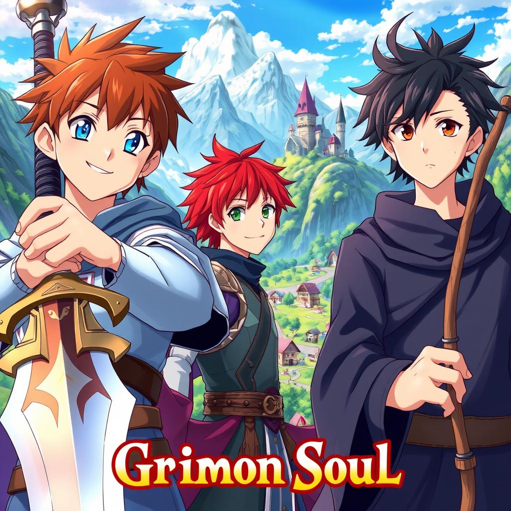 An anime cover titled "Grimon Soul" showcasing three 16-year-old boys in a vibrant fantasy landscape