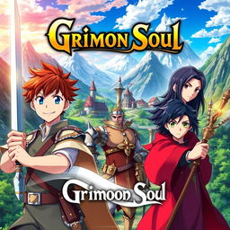 An anime cover titled "Grimon Soul" showcasing three 16-year-old boys in a vibrant fantasy landscape