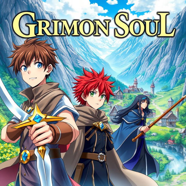 An anime cover titled "Grimon Soul" showcasing three 16-year-old boys in a vibrant fantasy landscape