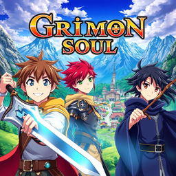 An anime cover titled "Grimon Soul" showcasing three 16-year-old boys in a vibrant fantasy landscape