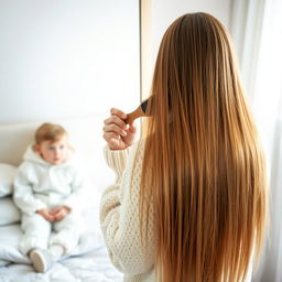 A middle-aged woman in her forties standing in front of a mirror, with long, very smooth hair cascading down freely, holding a hairbrush in her hand as she combs her hair