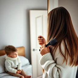 A middle-aged woman in her forties standing in front of a mirror, with long, very smooth hair cascading down freely, holding a hairbrush in her hand as she combs her hair