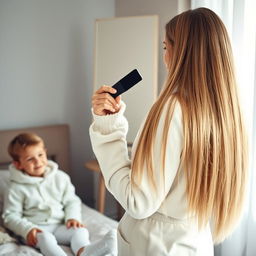 A middle-aged woman in her forties standing in front of a mirror, with long, very smooth hair cascading down freely, holding a hairbrush in her hand as she combs her hair