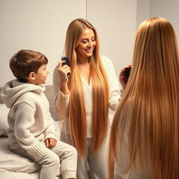 A woman in her forties standing in front of a mirror, with long, extremely smooth hair flowing down freely